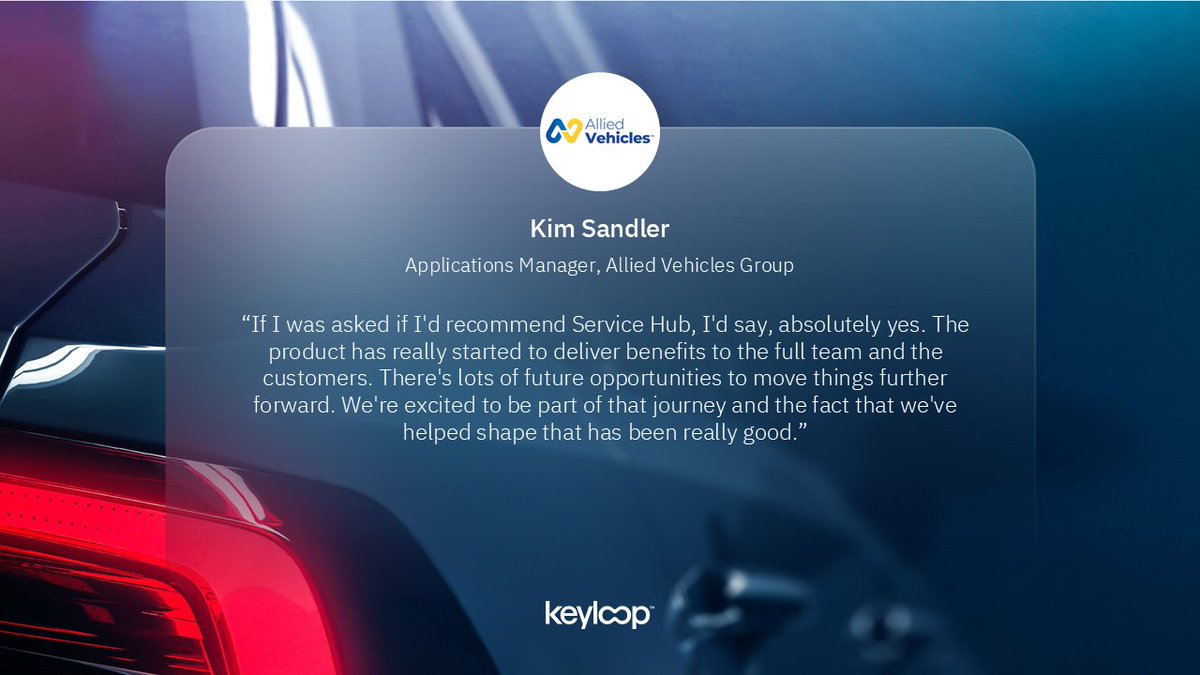 Keyloop (@keyloopauto) on Twitter photo Testimonial Tuesday: Allied Vehicles is streamlining aftersales with Keyloop Service Hub - boosting efficiency and enhancing customer experience.
See how it’s driving results: ow.ly/q0lK50W6iMu
#ServiceHub #AftersalesInnovation Testimonial Tuesday: Allied Vehicles is streamlining aftersales with Keyloop Service Hub - boosting efficiency and enhancing customer experience.
See how it’s driving results: ow.ly/q0lK50W6iMu
#ServiceHub #AftersalesInnovation