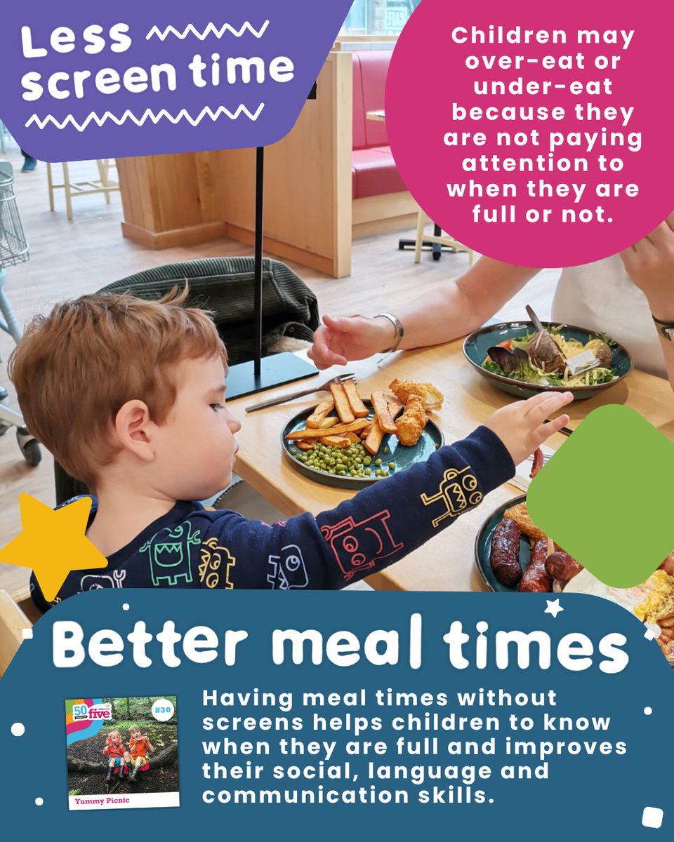 50TTDBradford's tweet image. Having meal times without screens helps children to know when they are full, and encourages heathier eating habits. 🍽️
Plus, it’s the perfect time to connect as a family! 👨👩👦
#LessScreenTimeMorePlayTime #HealthyHabits #ScreenFreeMeals