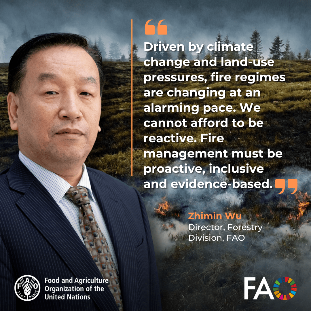 FAOForestry's tweet photo. "Driven by climate change and land-use pressures, fire regimes are changing at an alarming pace. We cannot afford to be reactive. Fire management must be proactive, inclusive and evidence-based" @FAO's Zhimin Wu tells #FireHubPlenary
#GlobalFireHub https://t.co/k79Mqu9lBG