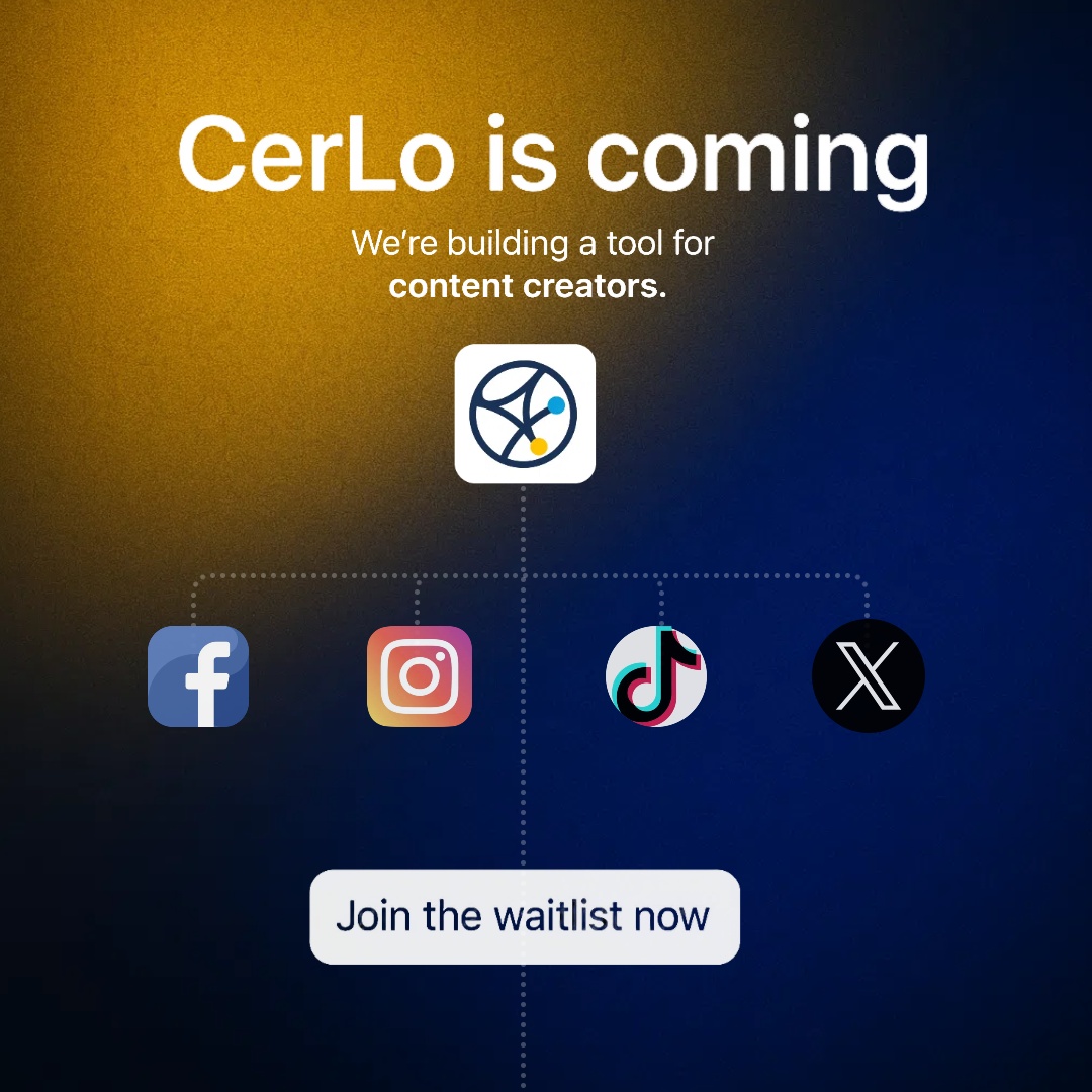 Cerlo_team's tweet photo. CerLo is coming.
A new AI tool for content creators.
Follow us to be the first to know. 🧠📢 #SMMlife #SocialMediaMarketing https://t.co/asPa0VGJe3