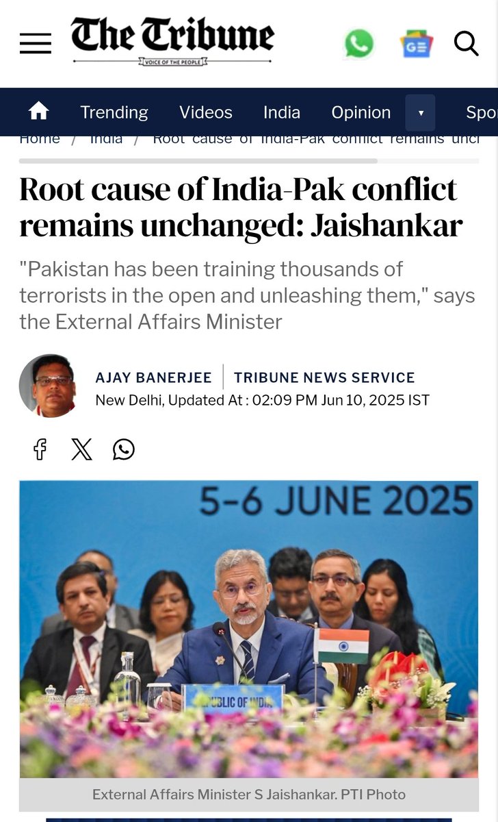 EAM  S Jaishankar says  the root cause of the conflict – Pakistan’s support to terrorism – remains unchanged. He warned the western neighbour of ‘retaliation’ if cross-border terrorism continues.
<a href="/thetribunechd/">The Tribune</a>
<a href="/MEAIndia/">Randhir Jaiswal</a> <a href="/HQ_IDS_India/">HQ IDS</a>
<a href="/IAF_MCC/">Indian Air Force</a>
Link 👇
tribuneindia.com/news/india/roo…