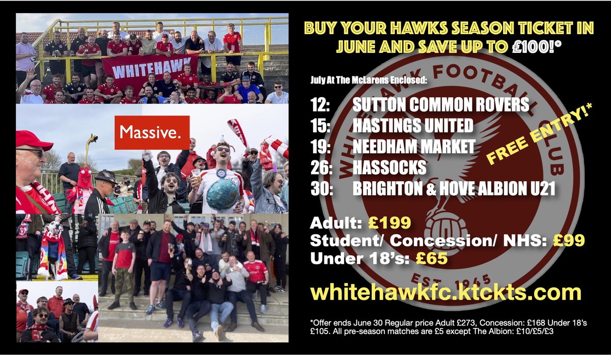 Whitehawk FC (@hawksfcofficial) on Twitter photo 💰 BUY YOUR SEASON TICKET IN JUNE AND SAVE UP TO £100!*
There's still time to grab your Whitehawk FC season ticket before June 30! Don't miss this massive saving opportunity!
🔴⚪ Free Entry to ALL home pre-season games!
• July 12: <a href="/official_scrfc/">Sutton Common Rovers</a>
• July 15: <a href="/hastingsufc/">Hastings United FC</a> 💰 BUY YOUR SEASON TICKET IN JUNE AND SAVE UP TO £100!*
There's still time to grab your Whitehawk FC season ticket before June 30! Don't miss this massive saving opportunity!
🔴⚪ Free Entry to ALL home pre-season games!
• July 12: <a href="/official_scrfc/">Sutton Common Rovers</a>
• July 15: <a href="/hastingsufc/">Hastings United FC</a>