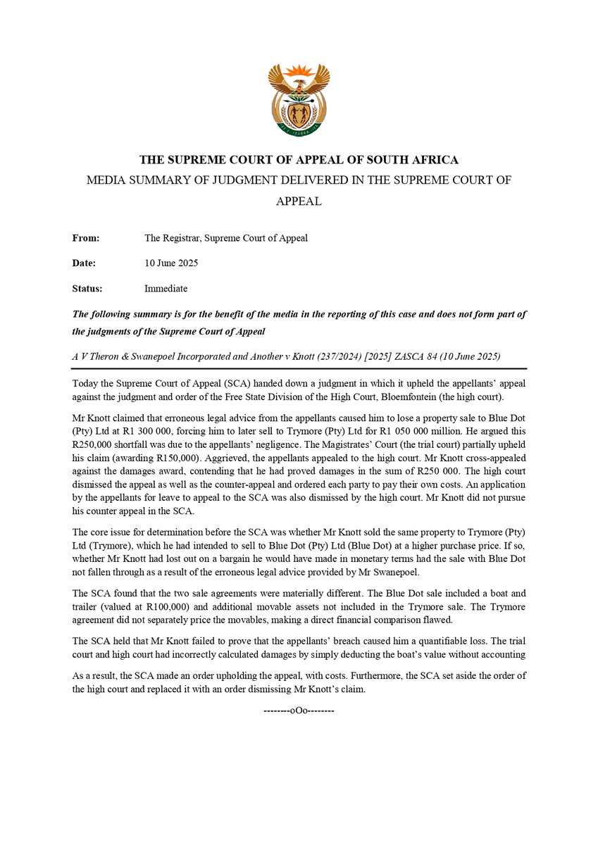 A V Theron &amp; Swanepoel Incorporated and Another v Knott (237/2024) [2025] ZASCA 84 (10 June 2025)
Today the Supreme Court of Appeal (SCA) handed down a judgment in which it upheld the appellants’ appeal against the judgment and order of the Free State Division of the High Court.