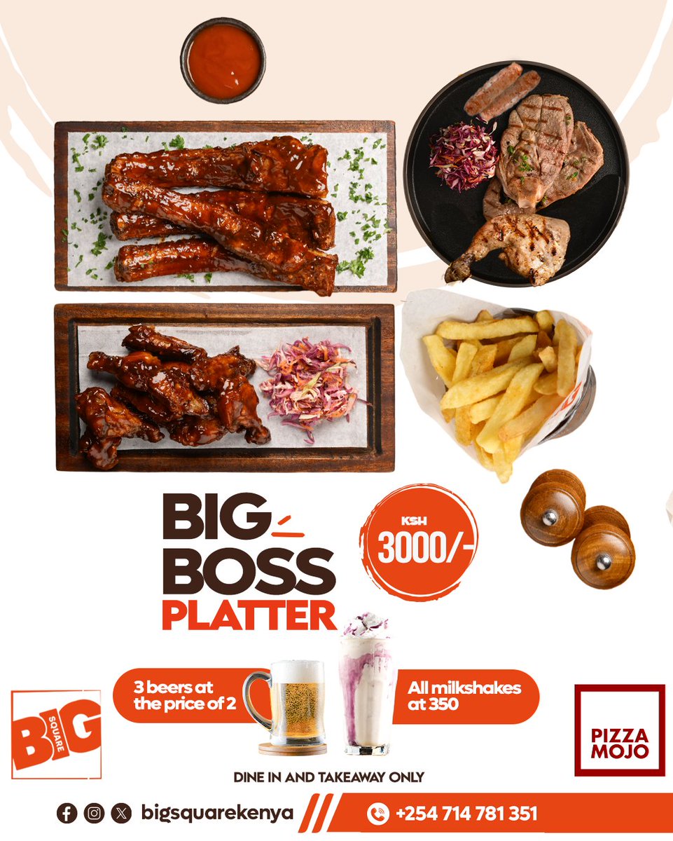 BIG BOY PLATTER 🍖 1 rack of juicy ribs 🍗 ¼ grilled chicken leg 🌭 2 sausages 🍗 4 sticky BBQ wings 🍟 1 large serving of golden fries 🥗 Cool coleslaw on the side  All for just KSh 2600 💥 🍺 3 beers for the price of 2 🥤 Milkshakes @ KSh 350  Dine-in or takeaway