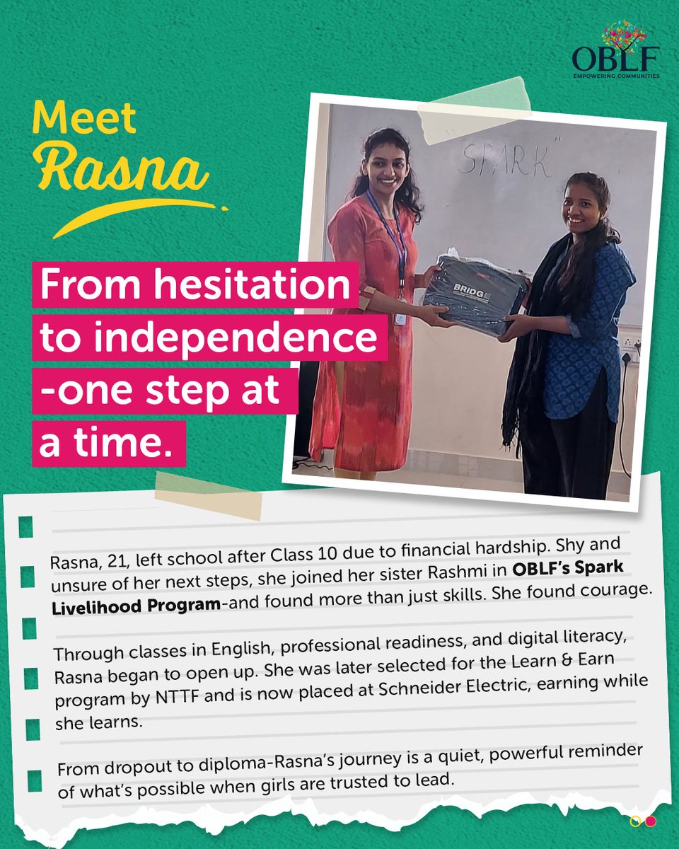 When we invest in young women, entire families move forward. Meet Rashmi &amp; Rasna, who overcame financial challenges to become confident earners &amp; decision-makers through #OBLF's Spark Livelihood Program. Support changes outcomes &amp; what people believe is possible! #educationforall