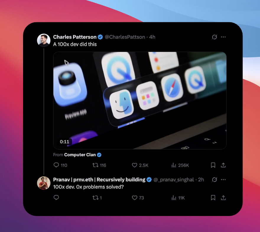 kirsten builds ai x crypto (🍀,🦝) (@kirstenrpomales) on Twitter photo what the actual fuck <a href="/_pranav_singhal/">Pranav | prnv.eth | Recursively building</a>'s reply guy just got
+ 73 likes
+ 11K views what the actual fuck <a href="/_pranav_singhal/">Pranav | prnv.eth | Recursively building</a>'s reply guy just got
+ 73 likes
+ 11K views