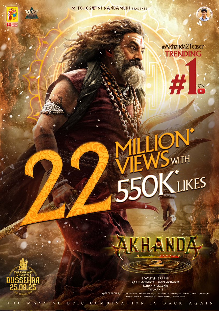 The fury of the divine strikes 💥💥🔱

#Akhanda2Teaser TRENDING #1 on YouTube with 22 MILLION+ VIEWS &amp; 550K+ LIKES ❤‍🔥
▶️ bit.ly/Akhanda2Teaser

Happy birthday to the 'GOD OF MASSES' #NandamuriBalakrishna ✨

#Akhanda2 THANDAAVAM IN THEATRES DUSSEHRA 25th SEPTEMBER