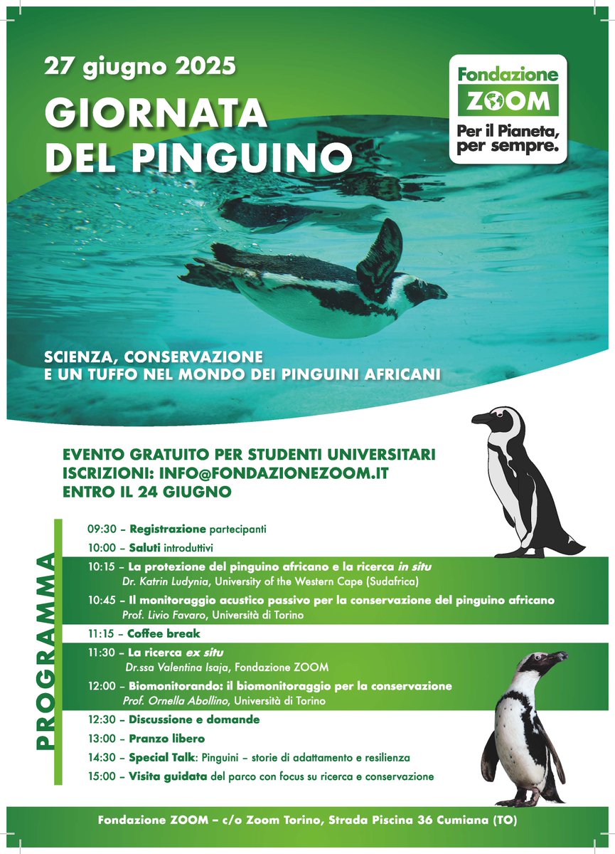 @DBIOSUnito (@dbiosunito) on Twitter photo Giornata del pinguino - 27 giugno: scienza, conservazione e un tuffo nel mondo dei pinguini africani
Parteciperà all'evento il Prof. Livio Favaro (DBIOS) con il talk "Il monitoraggio acustico passivo per la conservazione del pinguino africano"
<a href="/unito/">Università di Torino</a> Giornata del pinguino - 27 giugno: scienza, conservazione e un tuffo nel mondo dei pinguini africani
Parteciperà all'evento il Prof. Livio Favaro (DBIOS) con il talk "Il monitoraggio acustico passivo per la conservazione del pinguino africano"
<a href="/unito/">Università di Torino</a>