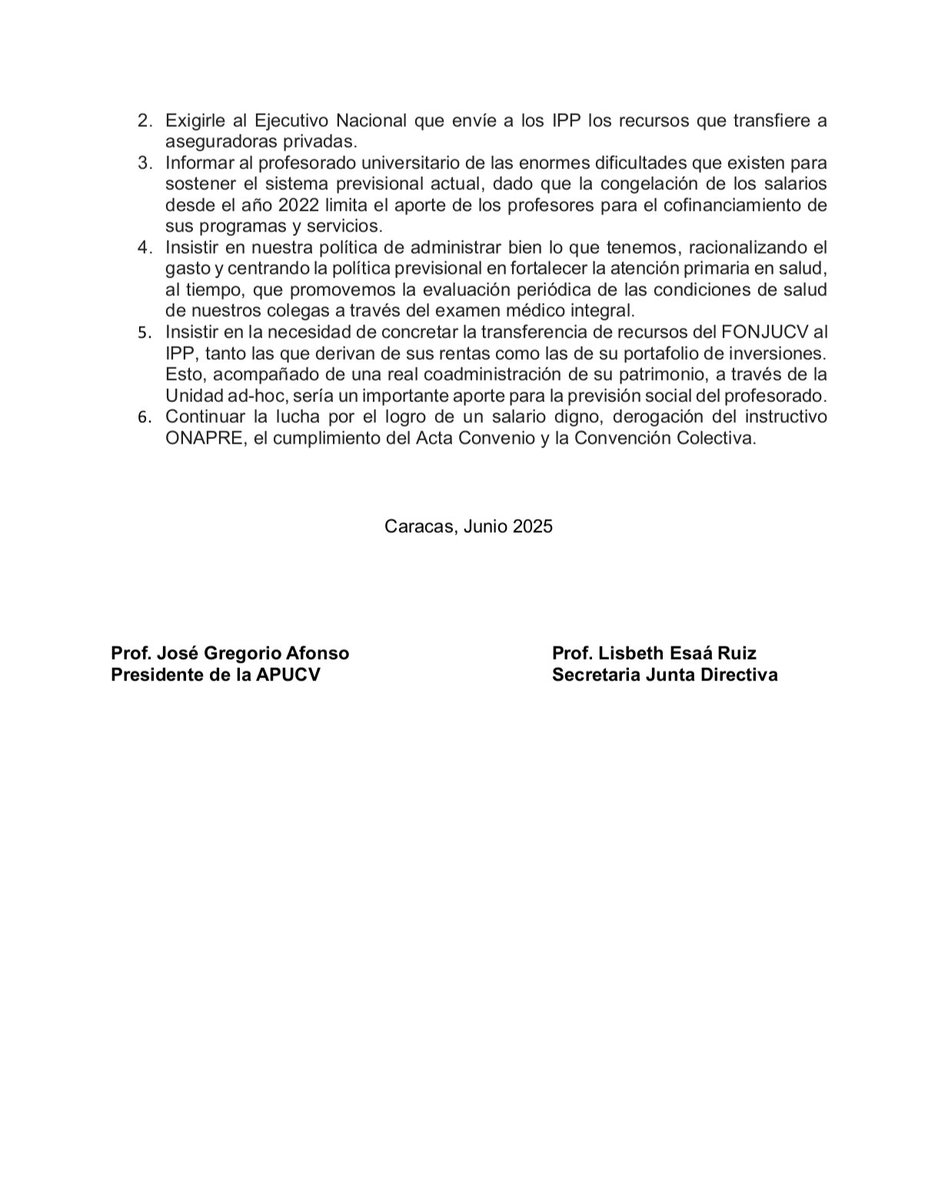 Comunicado de la Junta Directiva de la APUCV sobre el impacto de la crisis salarial universitaria en el sistema previsional del profesorado.

#UCV #Profesores #SalariosDignosYa #Venezuela #BonoNoEsSalario #CrisisSalarial #SistemaPrevisional