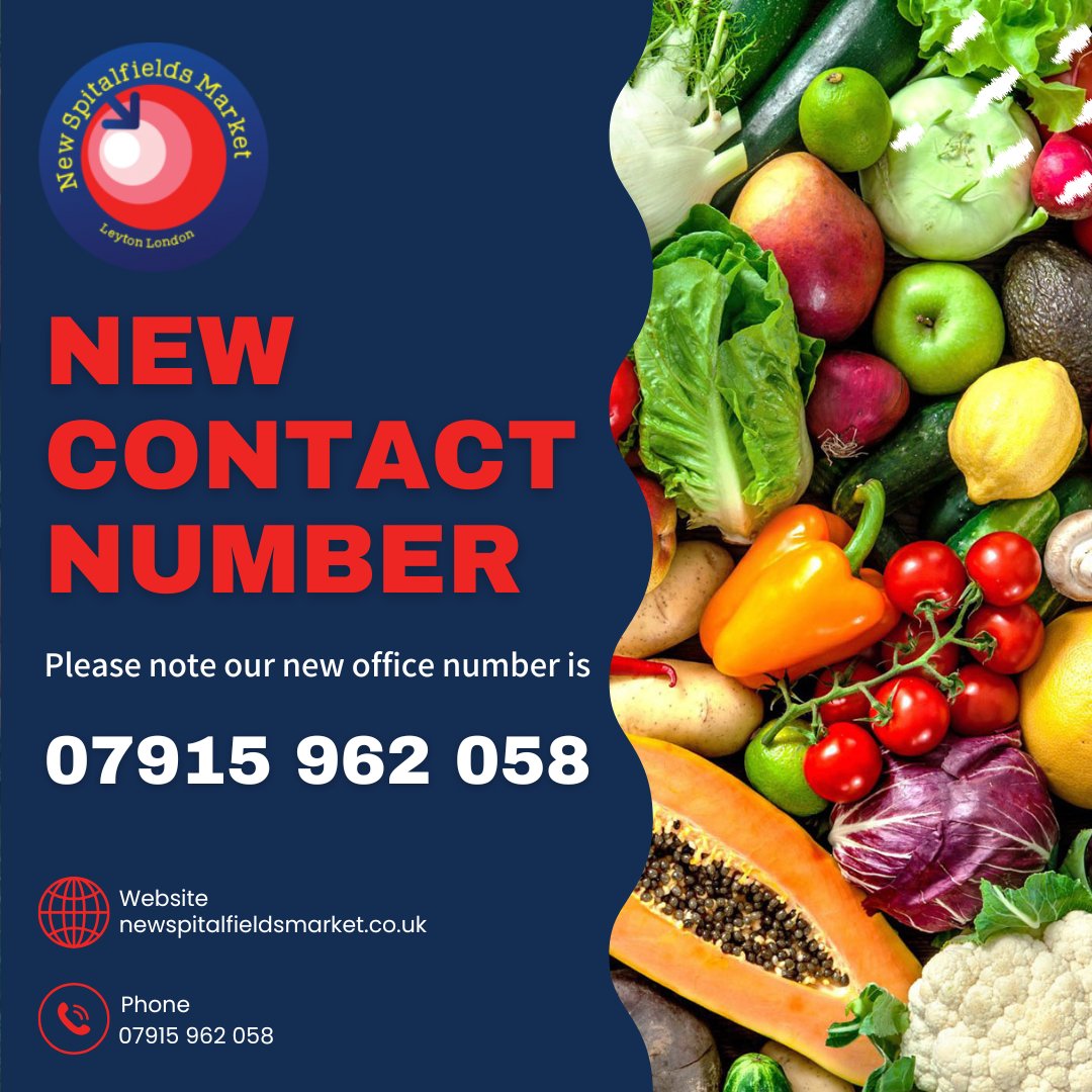 📞 We've got a new number!
New Spitalfields Market's office can now be reached on 07915 962 058.
For all enquiries, give us a call — we're here to help!
🧅🍎🍇 Fresh produce, quality service, and unbeatable variety — every day.
📍 Visit us: newspitalfieldsmarket.co.uk