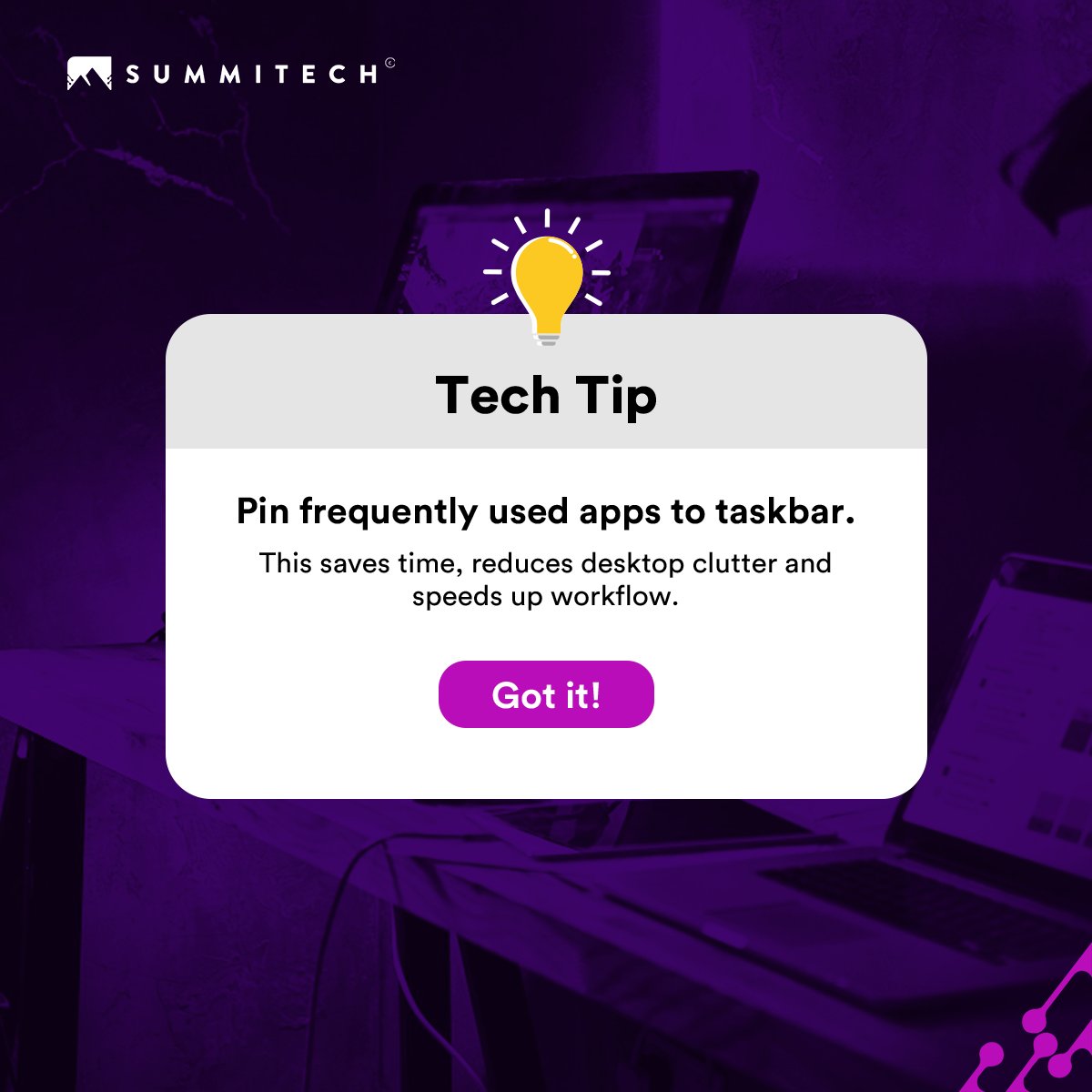SummitechIO's tweet image. Pinning your frequently used apps to the taskbar for quick access boosts productivity.

It is definitely a must-do for saving time while using your computer in your day-to-day.

#techtips #productivityhacks #taskbartips #summitech