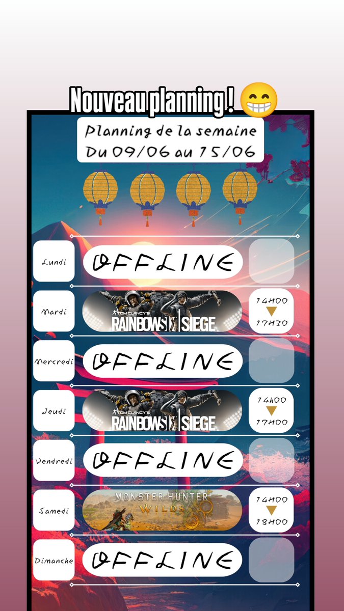 Hello tout le monde !
Je vous partage le planning aujourd'hui !
Cependant, on ira pas sur R6 aujourd'hui car il sera trop tard avec la mise à jour et tout 😂 
Donc je vais sur V Rising, sur ma partie solo de Oakveil, afin que vous voyez mon avancé !

twitch.tv/yugaspark