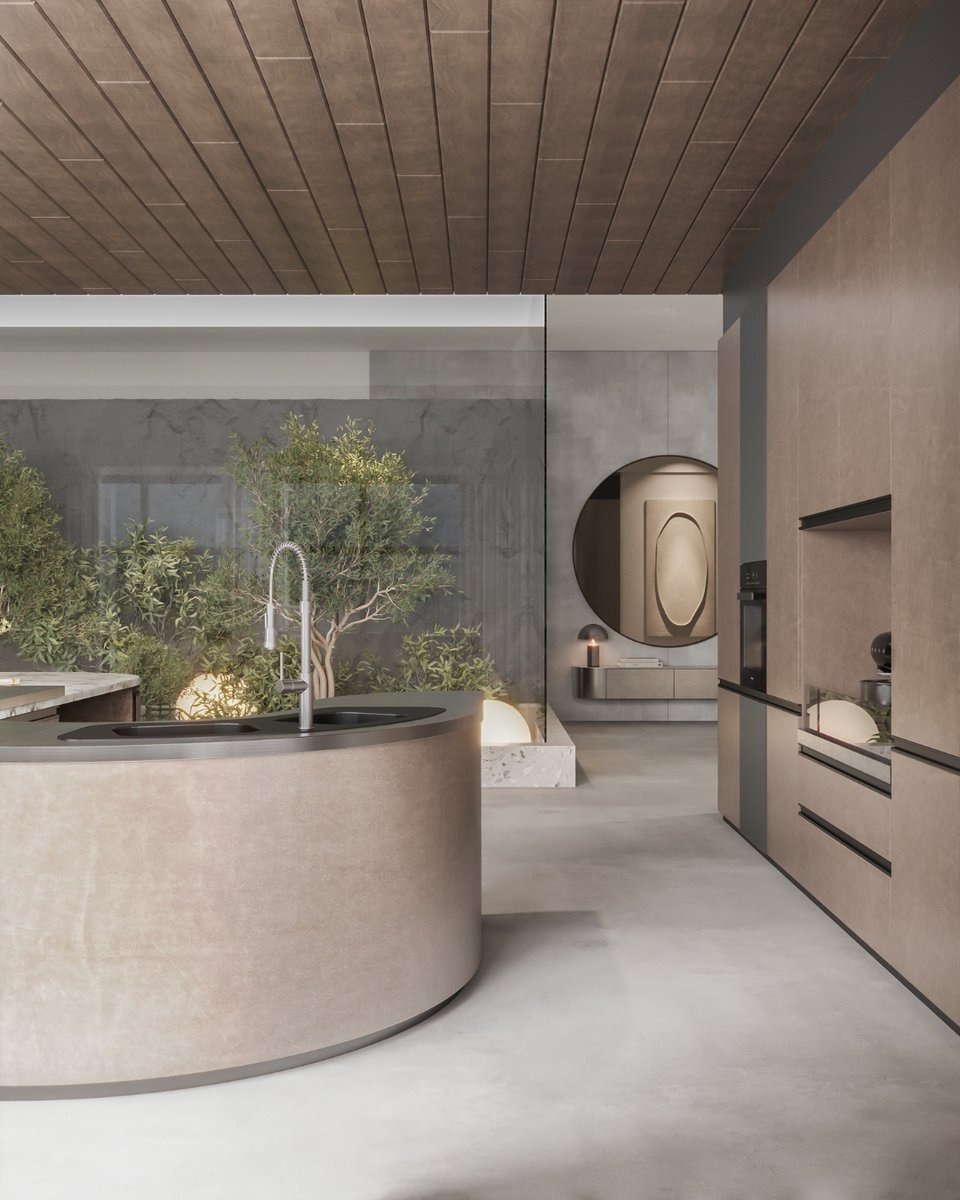 Kuche7official's tweet image. The Affogato Kitchen is a blend of curves and clean lines. The curved island, finished in a warm, textured tone, is paired with a sleek black sink and high-arched faucet, creating a striking contrast. 
#AffogatoKitchen #modularkitchen #stainlesssteelkitchen #kitchendesign #Kuche7