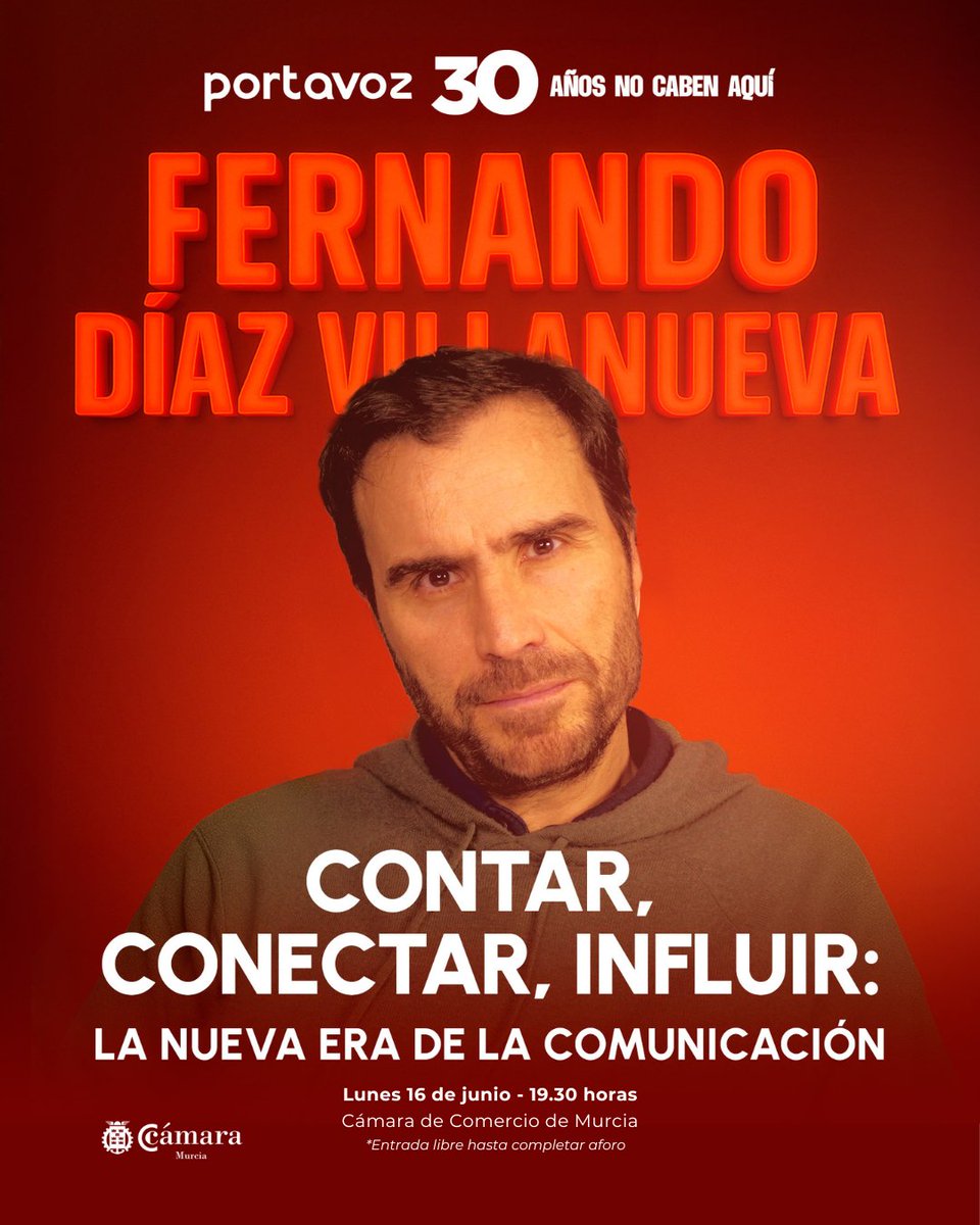 📢 Llega la nueva era de la #comunicación.

Y <a href="/diazvillanueva/">Díaz Villanueva</a> nos habla de:
💥 El nuevo poder mediático (YouTube, podcasts, etc.)
💥 Creadores independientes vs. #medios tradicionales
💥 Cómo adaptarse sin volverse esclavo del algoritmo

📌 16 de Junio | 19:30h | <a href="/camaramurcia/">Cámara de Murcia</a>