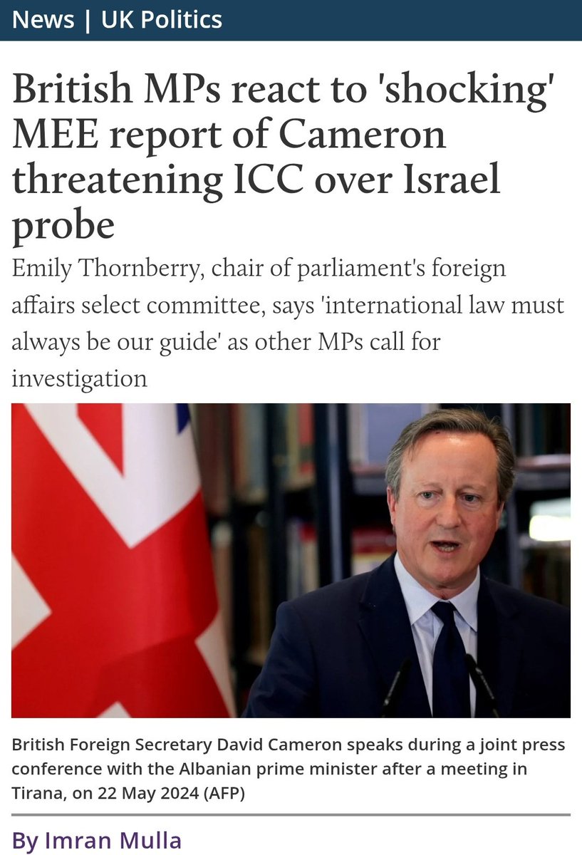 THREAD: These are the responses by British politicians to our Middle East Eye report yesterday revealing that David Cameron as Foreign Secretary privately threatened the ICC Chief Prosecutor.

(Note: No mainstream British news outlet has yet covered the story)
