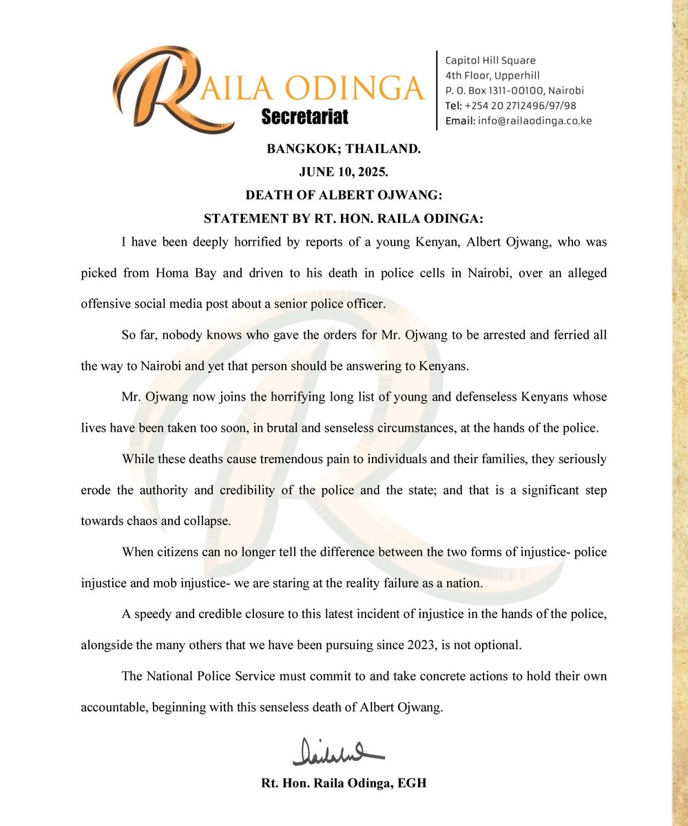 Statement on the Death of Albert Ojwang