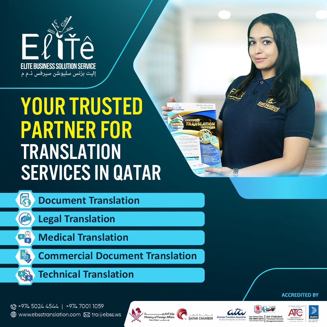 Ebsstranslation's tweet photo. ✍️ Accuracy matters.
From legal to medical, we translate meaning — not just words.
🌍 60+ languages. Certified. Trusted.

🔗 [https://t.co/0616e7dIMS](https://t.co/2dmUIoK0mS)
📞 +974 5024 4544 | +974 7001 1059

#EBSS #EliteTranslation #DohaBusiness #CertifiedTranslation https://t.co/0rSXp3m4yn