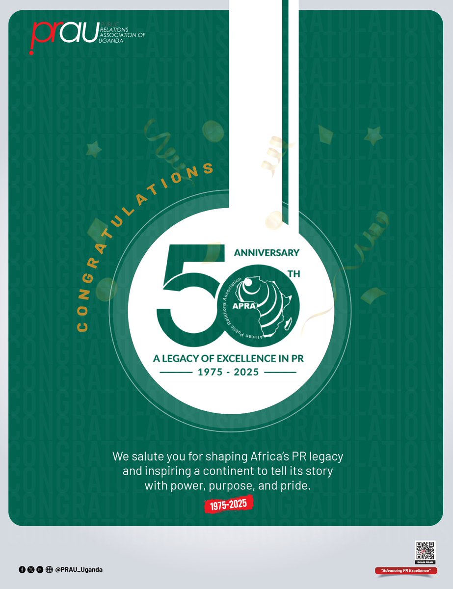 🎉 𝐂𝐡𝐞𝐞𝐫𝐬 𝐭𝐨 𝟓𝟎 𝐘𝐞𝐚𝐫𝐬 𝐨𝐟 𝐈𝐦𝐩𝐚𝐜𝐭!
We #PRAUdly celebrate the <a href="/APRAtweets/">African Public Relations Association (APRA)</a> for 5 decades of shaping narratives, connecting continents, and elevating PR across Africa.
Here’s to the legacy, the leadership &amp; the future.🌍✨

#APRAat50 #PRAUCelebratesAPRA