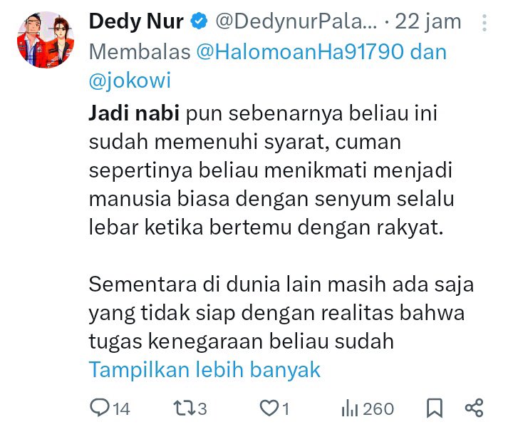yusuf_dumdum's tweet photo. "Jadi Nabi pun Jokowi sudah memenuhi syarat" ?????

Woiii @DedynurPalakka gw mau nanya ke elu. Emang ada Nabi yang suka bohong dan ngibul ? Tolong dijawab. https://t.co/uYNivXaETM
