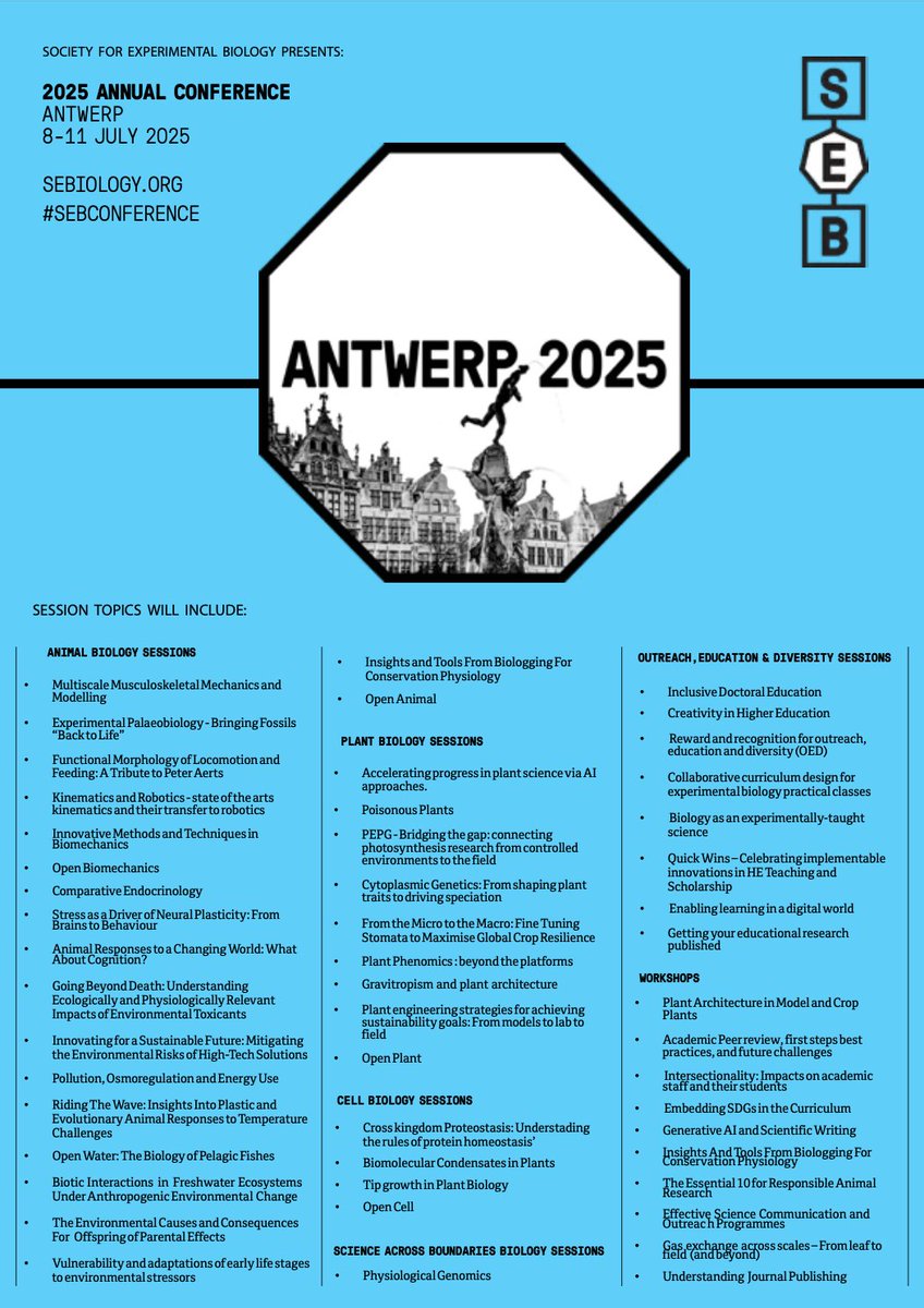 ⏳ Final registration for #SEBconference 2025 in Antwerp closes this Friday 13 June!

Don’t miss your chance to join inspiring sessions, network with biologists from around the world, and enjoy the beautiful city of Antwerp.

Register now 👉 
sebiology.org/events/seb-ann…