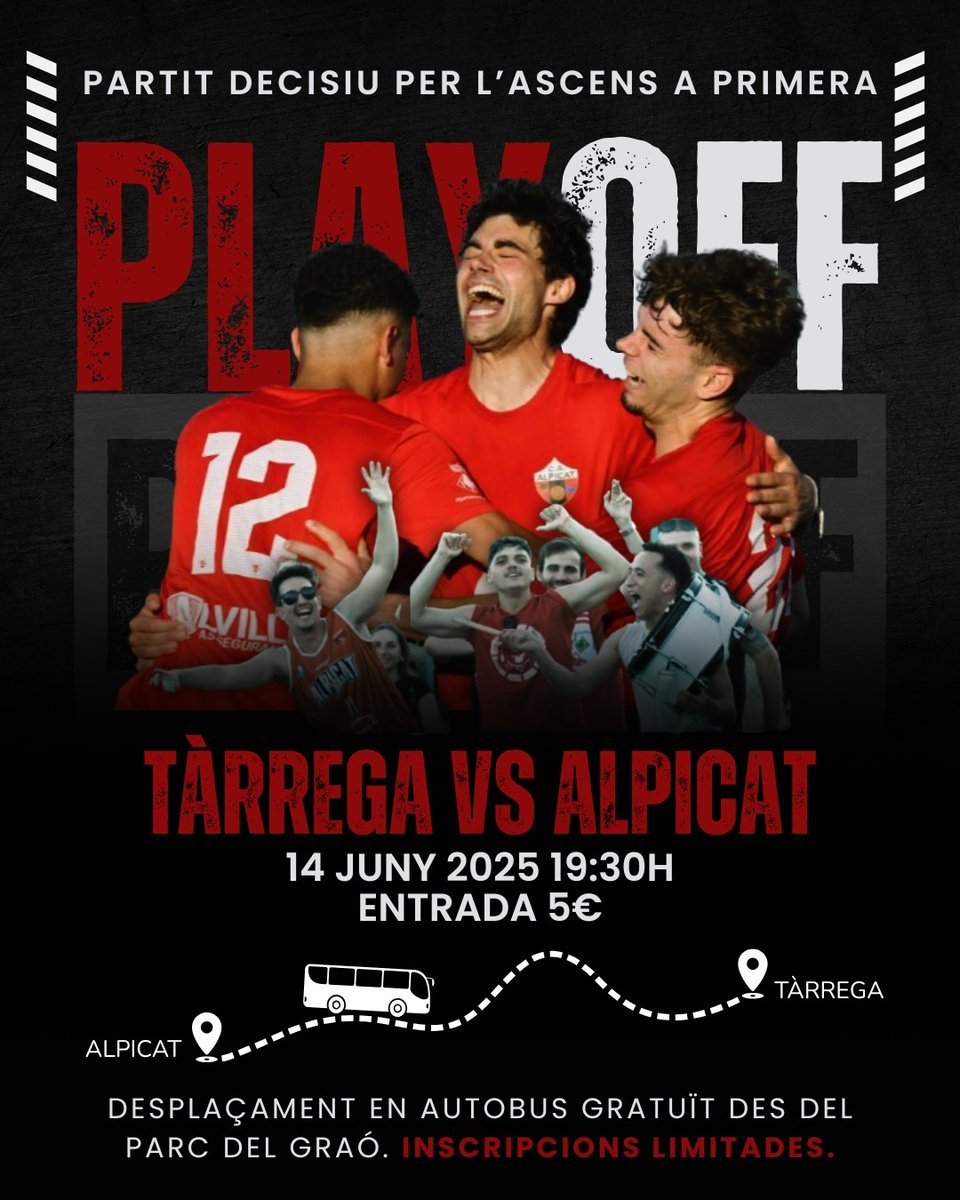 FutbolAlpicat's tweet image. 🚨 PARTIT DECISIU PER L’ASCENS! 🚨
🆚 UE Tàrrega 🔵🔴 vs 🔴🔴 Atlètic Alpicat
📅 Dissabte 14 de Juny
📍 Estadi Municipal Joan Capdevila (19:30h)