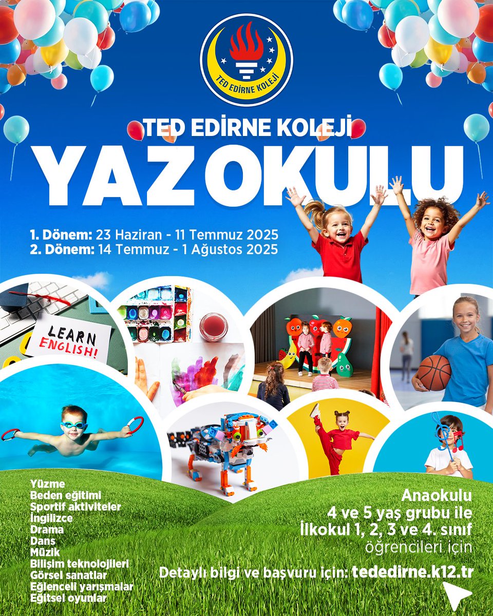 🎉 TED Edirne Koleji Yaz Okulu Kayıtlarımız Devam Ediyor! ☀️📚
4-5 yaş anaokulu öğrencileri ile ilkokul 1, 2, 3 ve 4. sınıf öğrencilerine özel hazırlanan Yaz Okulu programımız;
hem akademik gelişimi destekleyen içerikleri 🧠
hem de sosyal, sportif ve sanatsal etkinlikleri 🎨🤸‍♂️🎭