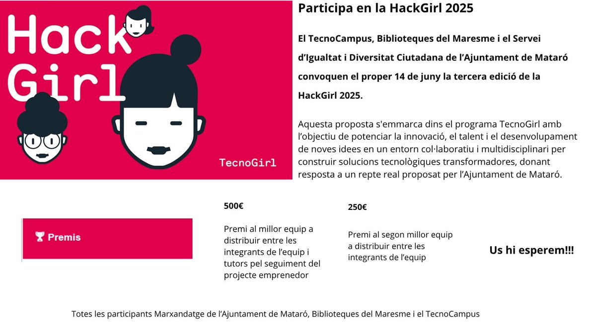 🎮🎮Torna la HackGirl al TecnoCampus. La hackató per a noies. Fes un equip, accepta el repte i troba la solució per guanyar un dels premis. 📝Inscripcions obertes: ja.cat/1lLlm

#HackGirl #hackató
#bibliosmaresme 
#bibliotequesXBM
#quèfemalesbiblios