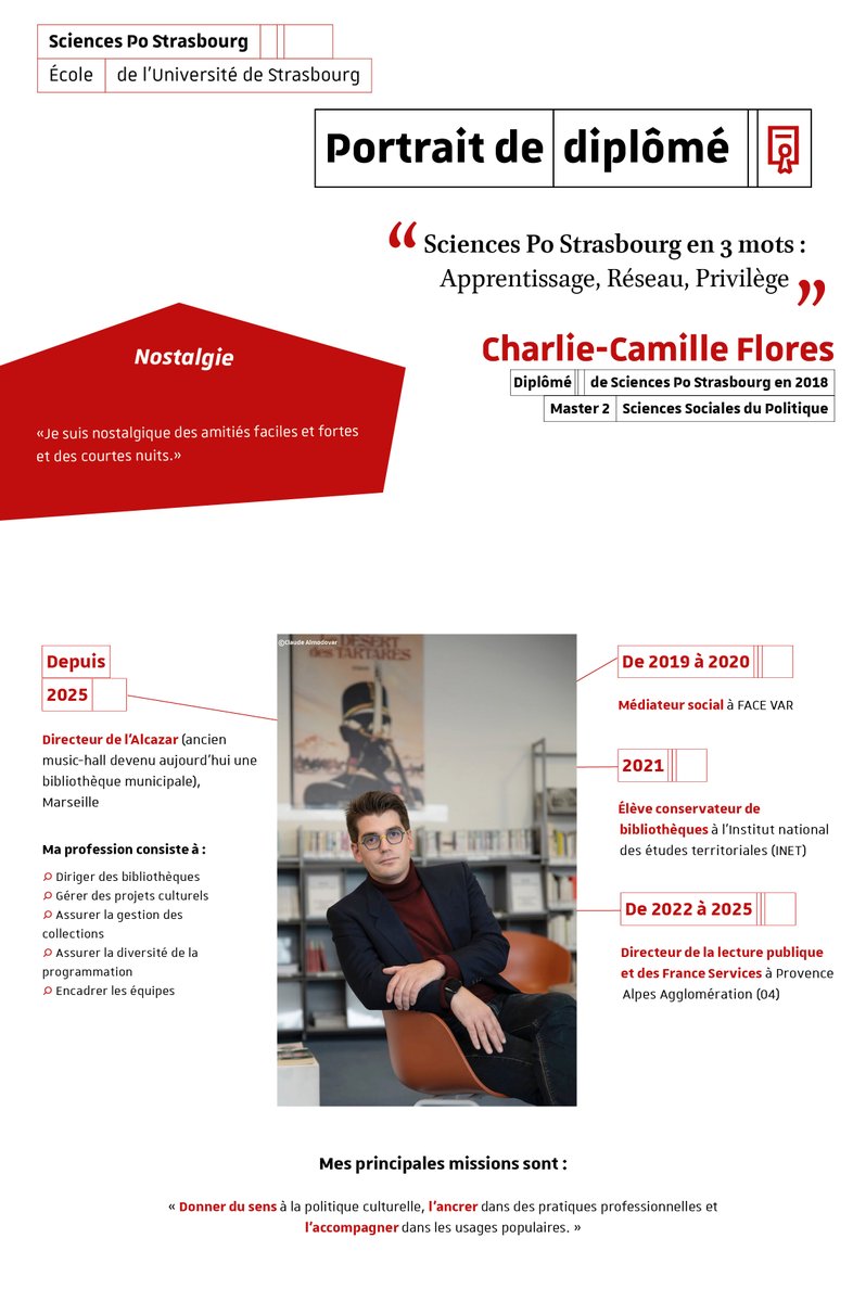 [Portrait de diplômé] Découvrez cette semaine le portrait de Charlie-Camille Flores, diplômé 2018 de
<a href="/ScPo_Strasbourg/">Sciences Po Strasbourg</a>  #Master Sciences Sociales du Politique. Actuellement, directeur de l'Alcazar à Marseille. <a href="/marseillebiblio/">Bibliothèques de Marseille</a> 
+ de portraits 📷https://sciencespo-strasbourg.fr/la-vie-a-lecol…