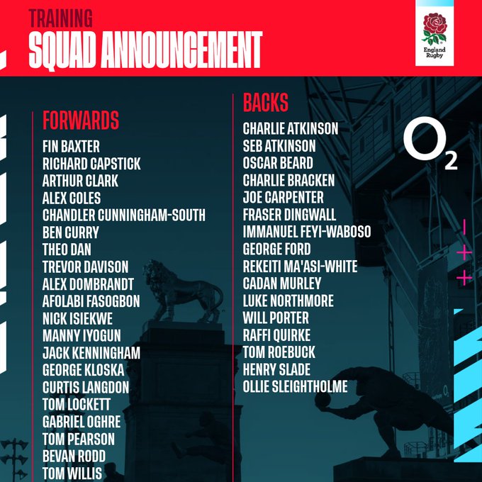 England Rugby Travel (@engrugbytravel) on Twitter photo Training squad announcement📋
Steve Borthwick has named a 36-player squad for a four-day training camp ahead of the upcoming match between an England XV and a France XV at <a href="/allianz_stad/">Allianz Stadium</a> on Saturday 21 June. Training squad announcement📋
Steve Borthwick has named a 36-player squad for a four-day training camp ahead of the upcoming match between an England XV and a France XV at <a href="/allianz_stad/">Allianz Stadium</a> on Saturday 21 June.