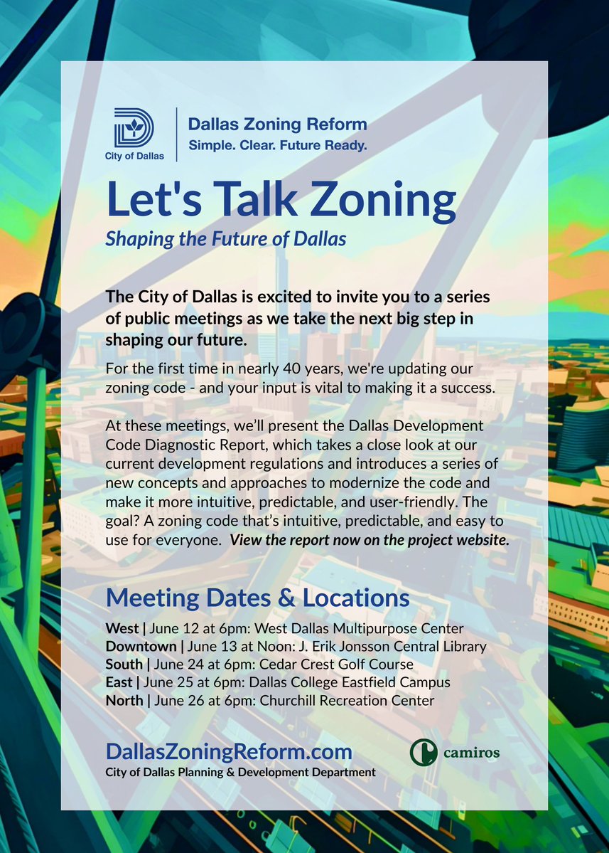 The City of Dallas is hosting June meetings on Zoning Reform to modernize the 1965 Development Code. Learn about the Diagnostic Report and ideas for a more intuitive, user-friendly code.