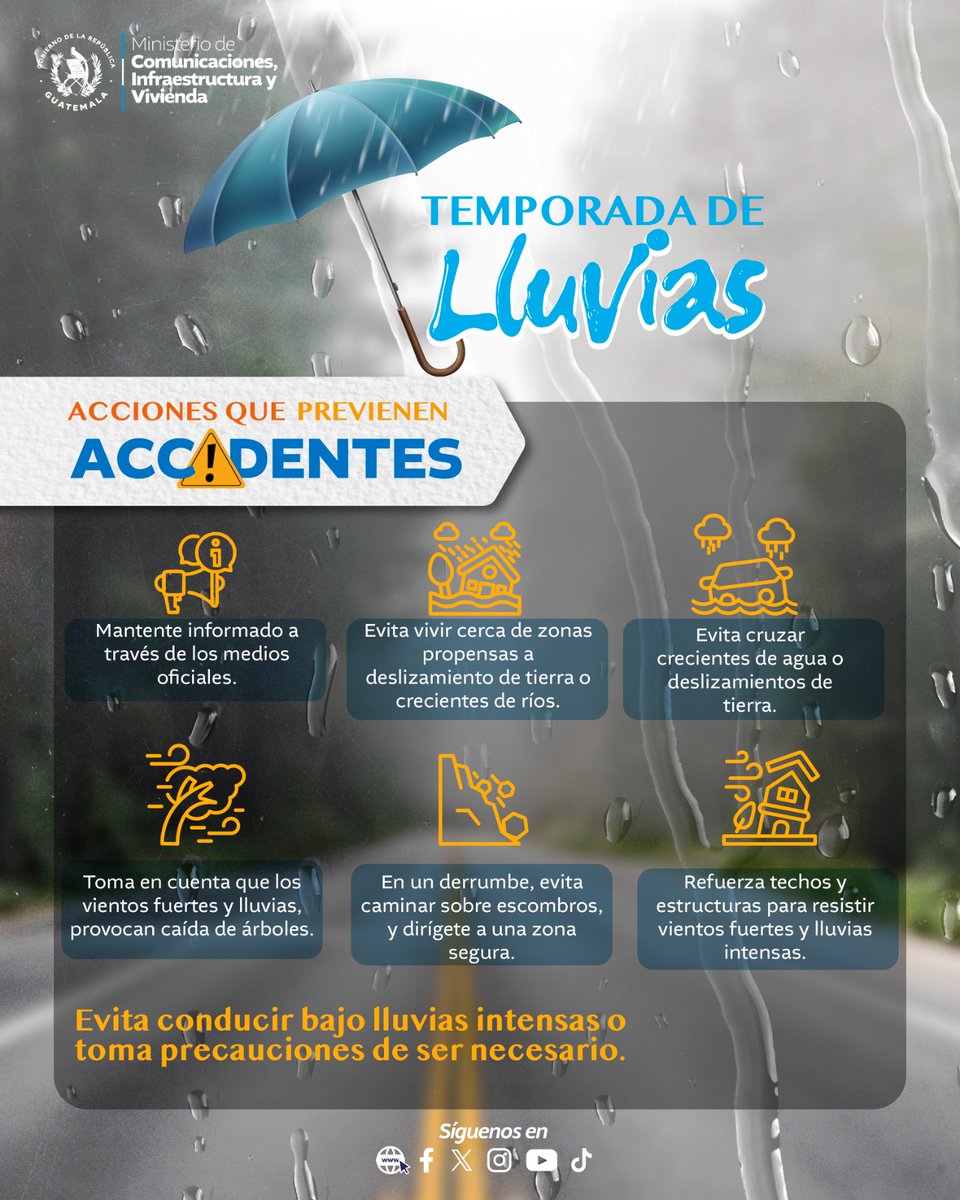 🌧️🚧 ¡Prevenir es proteger vidas!
Durante la temporada de lluvias, al realizar acciones simples evitas accidentes y salvas vidas.

⚠️ Recuerda: ¡La prevención comienza contigo!

#TemporadaDeLluvias #ElPuebloDignoEsPrimero #CIVGuatemala #PlanConecta2025