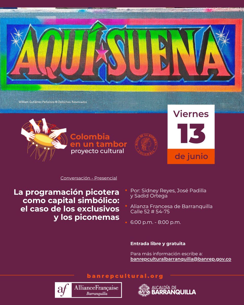 📌Acompáñanos al conversatorio del proyecto cultural "Colombia en un tambor", que organiza <a href="/Banrepcultural/">Banrepcultural</a>🏛

🗓Fecha: Viernes 13 de junio.
🕙Hora: 6:00p.m.
📍Lugar:<a href="/AFBarranquilla/">Alianza Francesa de Barranquilla</a> (Calle 52 # 54 - 75)
🎟Entrada libre

¡Ven y descubre más sobre la cultura picotera en el Caribe!🎶