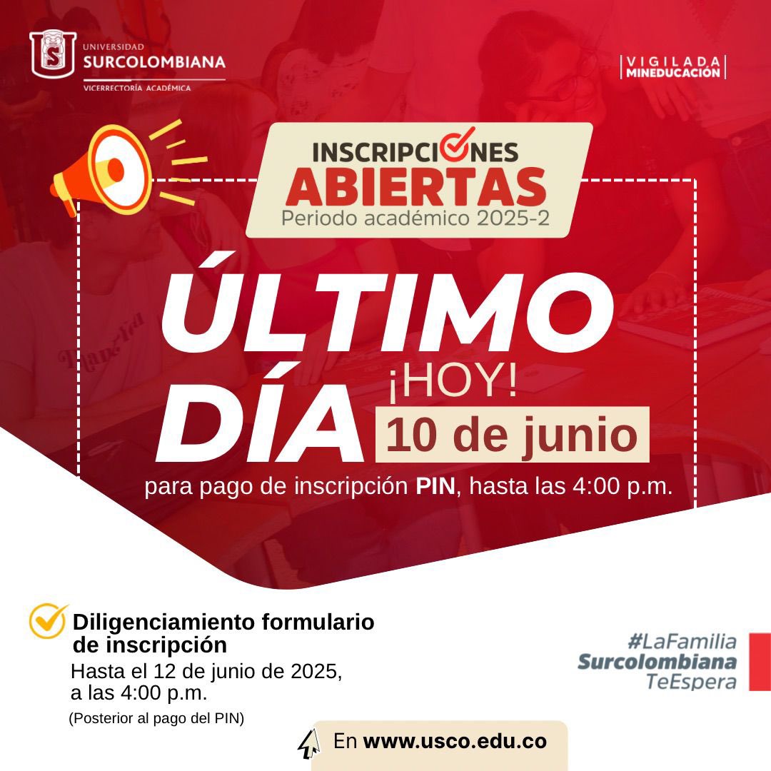 ¡Atención! ⏰ Quedan pocas horas para adquirir tu PIN de inscripción. 

No pierdas la oportunidad de dar el primer paso hacia tu futuro académico.

¡No te quedes por fuera!

Compra tu pin aquí 👉🏻 usco.edu.co/inscripciones-…