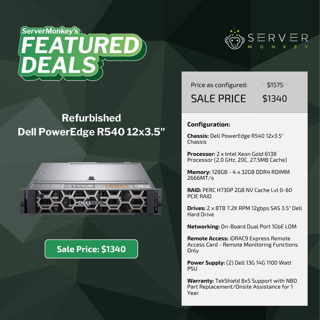 ServerMonkey (@myservermonkey) on Twitter photo Storage beast! 15% off Dell PowerEdge #R540: Now $1,340! Dual Xeon Gold 6138 CPUs (40 cores total), 128GB RAM, 16TB storage, PERC H730P RAID, TekShield Support.
🌐: hubs.ly/Q03rtZw40
👨💻: 1-855-432-8918 | sales@servermonkey.com
#ServerMonkeyFeaturedDeal Storage beast! 15% off Dell PowerEdge #R540: Now $1,340! Dual Xeon Gold 6138 CPUs (40 cores total), 128GB RAM, 16TB storage, PERC H730P RAID, TekShield Support.
🌐: hubs.ly/Q03rtZw40
👨💻: 1-855-432-8918 | sales@servermonkey.com
#ServerMonkeyFeaturedDeal