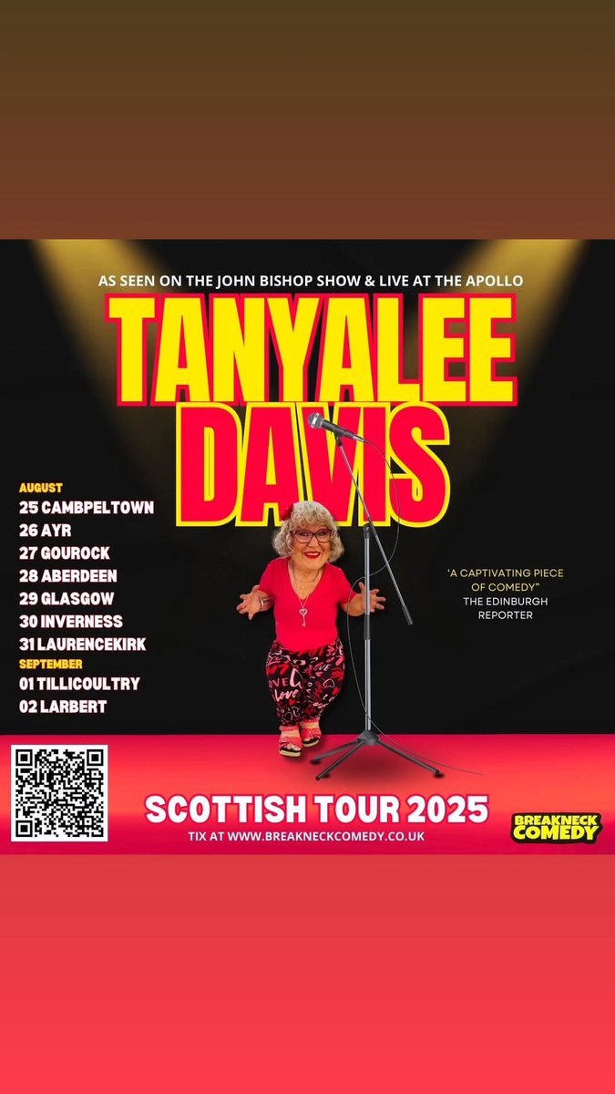 Tanyalee Davis (@tanyaleedavis) on Twitter photo .<a href="/BreakneckComedy/">Breakneck Comedy</a> presents <a href="/GWR/">Guinness World Records</a> holder for the shortest comedian Tanyalee Davis at 3'3" and is headed 2 SCOTLAND.
Tixs linked . You may have seen her on LIVE at the Apollo, The Last Leg. She has 3.2 million followers on TikTok #comedy #Scotland <a href="/BBCScotland/">BBC Scotland</a> <a href="/BBCScotlandNews/">BBC Scotland News</a> .<a href="/BreakneckComedy/">Breakneck Comedy</a> presents <a href="/GWR/">Guinness World Records</a> holder for the shortest comedian Tanyalee Davis at 3'3" and is headed 2 SCOTLAND.
Tixs linked . You may have seen her on LIVE at the Apollo, The Last Leg. She has 3.2 million followers on TikTok #comedy #Scotland <a href="/BBCScotland/">BBC Scotland</a> <a href="/BBCScotlandNews/">BBC Scotland News</a>