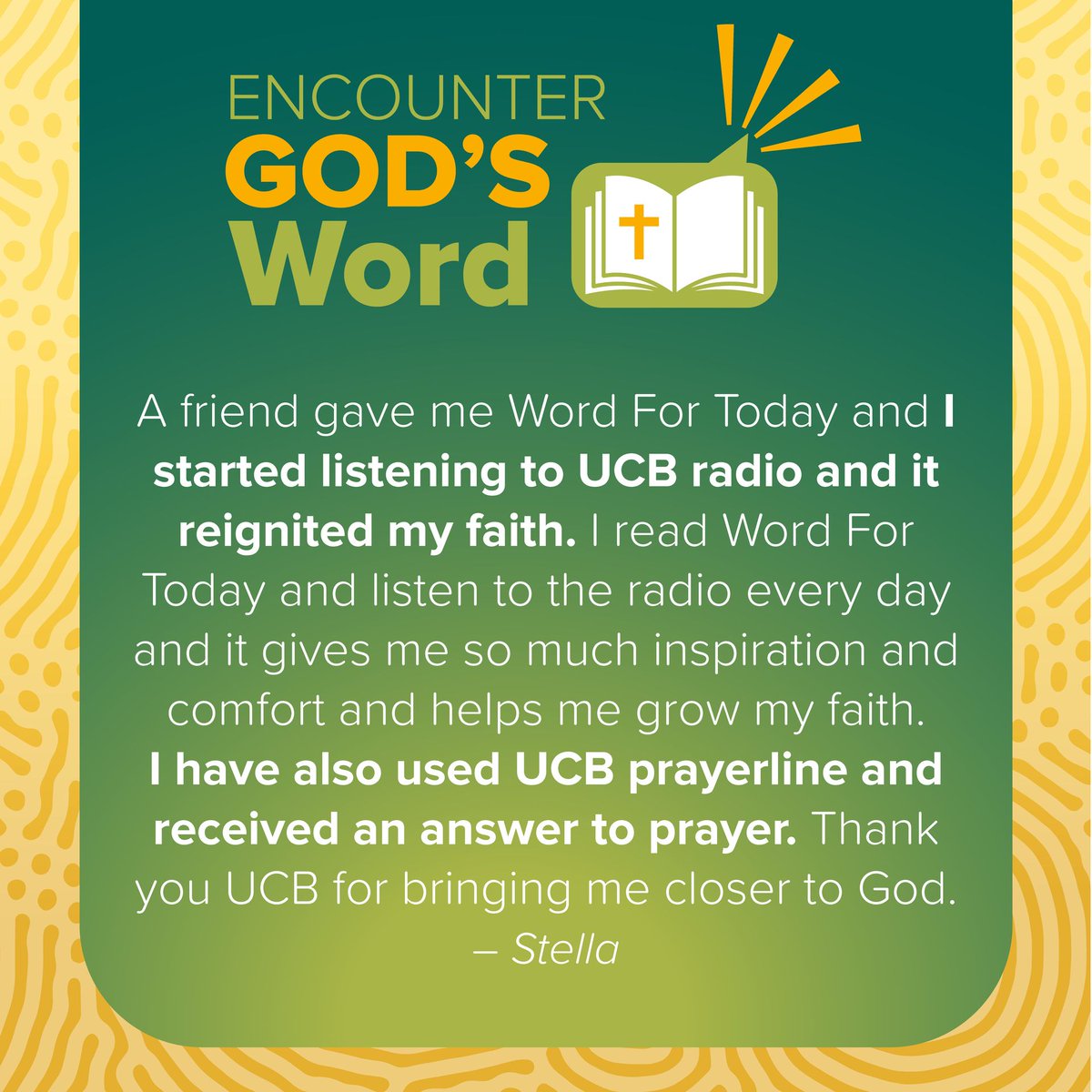 We love a good story of hope! Meet Stella who was introduced to UCB through a friend! You could be like that friend today by donating to the UCB Appeal and helping people to connect to God's Word at ucb.co.uk/give 💝