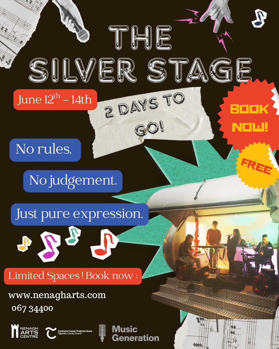 🔊 Calling all young musicians! The Silver Stage is coming to Nenagh!
📅 June 12th-14th
⏰ 11:00am-2:00pm
🎟️ FREE, booking is essential!
The Silver Stage is a free, 3-day set of music workshops for teenagers!
Book now at nenagharts.com, or at 067 34400!