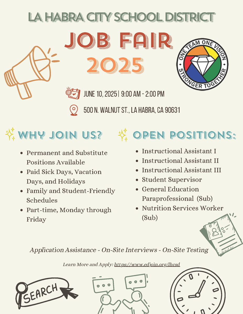 We’re excited to invite you to the #LHCSD Job Fair 2025, taking place today from 9 AM to 2 PM at the District Office.

We are hiring for a variety of permanent and substitute positions, including:
Instructional Assistant I, II, and III,Student Supervisors
General Education