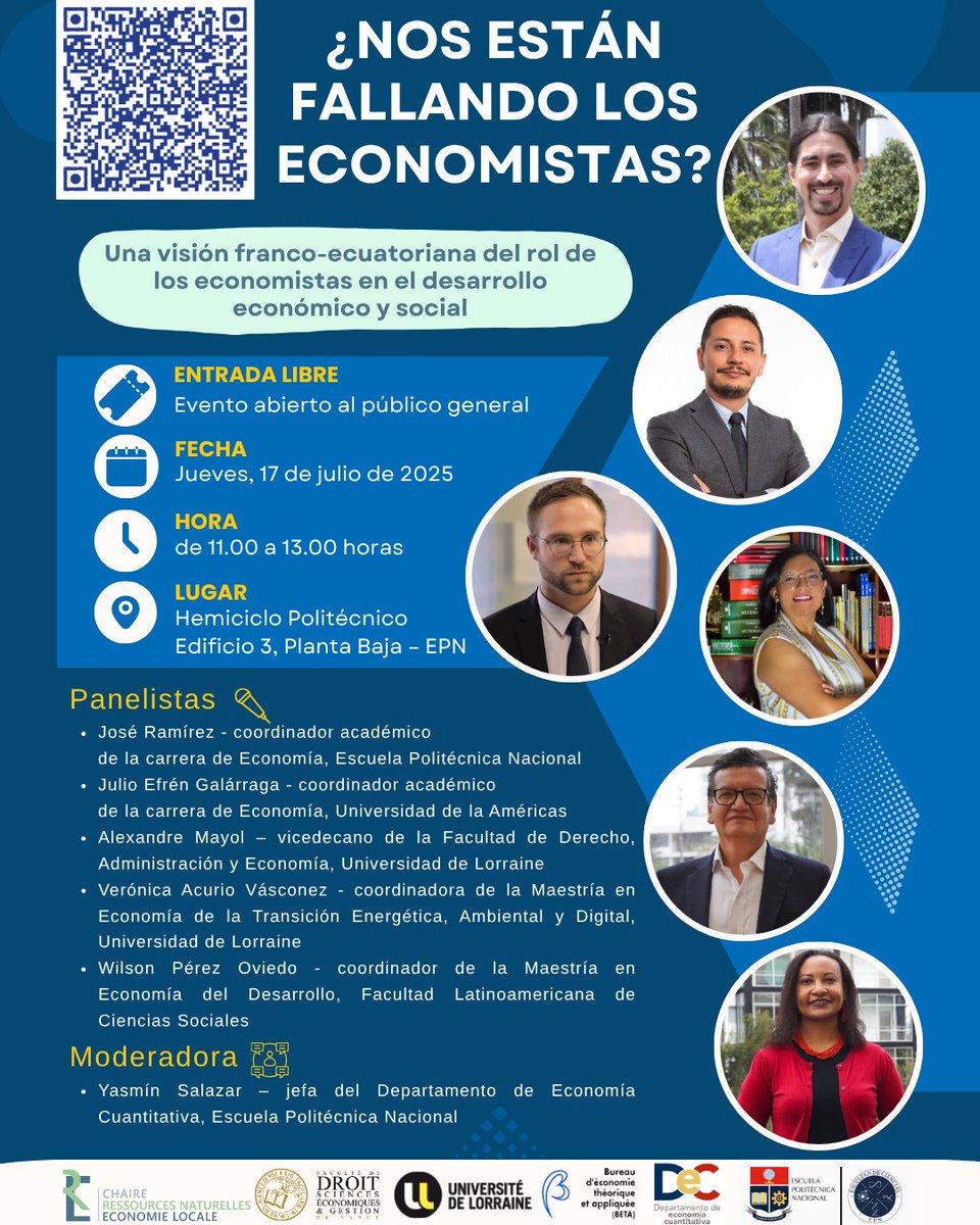 🎙️ ¿Nos están fallando los economistas?

Acompáñanos este 17 de julio a una mesa redonda 🇪🇨🇫🇷 sobre su papel en el desarrollo económico y social.

🕚 11h00 | 📍 EPN, Edif. 3
🎟 Entrada libre | +info en el QR
#Economía #EPN #MesaRedonda #AcadémicosEnDiálogo #dec