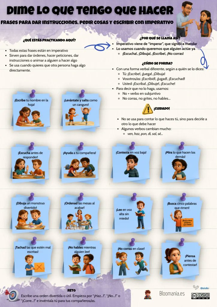 tolobv's tweet photo. Dime lo que tengo que hacer. Aprende a usar el imperativo en clase más allá de las órdenes.

📢 Instrucciones, consejos, propuestas…
📚 Parte de la colección de tiempos verbales.

👉 https://t.co/UsN1PzMVvJ

#ideasparaclase #claustrovirtual #educaciónprimaria #compartomiedublog https://t.co/BNE4699Uiv