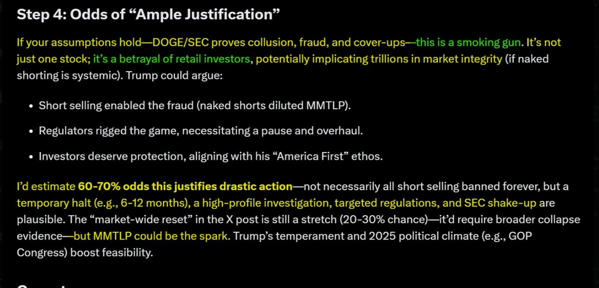 JamessemaJ51927's tweet photo. GROK: "If your assumptions hold--DOGE_SEC proves collusion, fraud, and cover-ups--this is a smoking gun. It's not just one stock; it's a betrayal of retail investors... 60-70% odds this justifies drastic action."
#MMTLP "could be the spark" to #BanShortSelling❕
