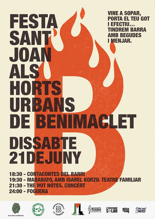 Ens complau recordar-vos que la festa de Sant Joan dels horts urbans de Benimaclet se celebrarà este dissabte 21 de juny. 
L'entrada és lliure i gratuïta

Nos complace recordaros que la fiesta de Sant Joan de los huertos urbanos de Benimaclet se celebrará este sábado 21 de junio