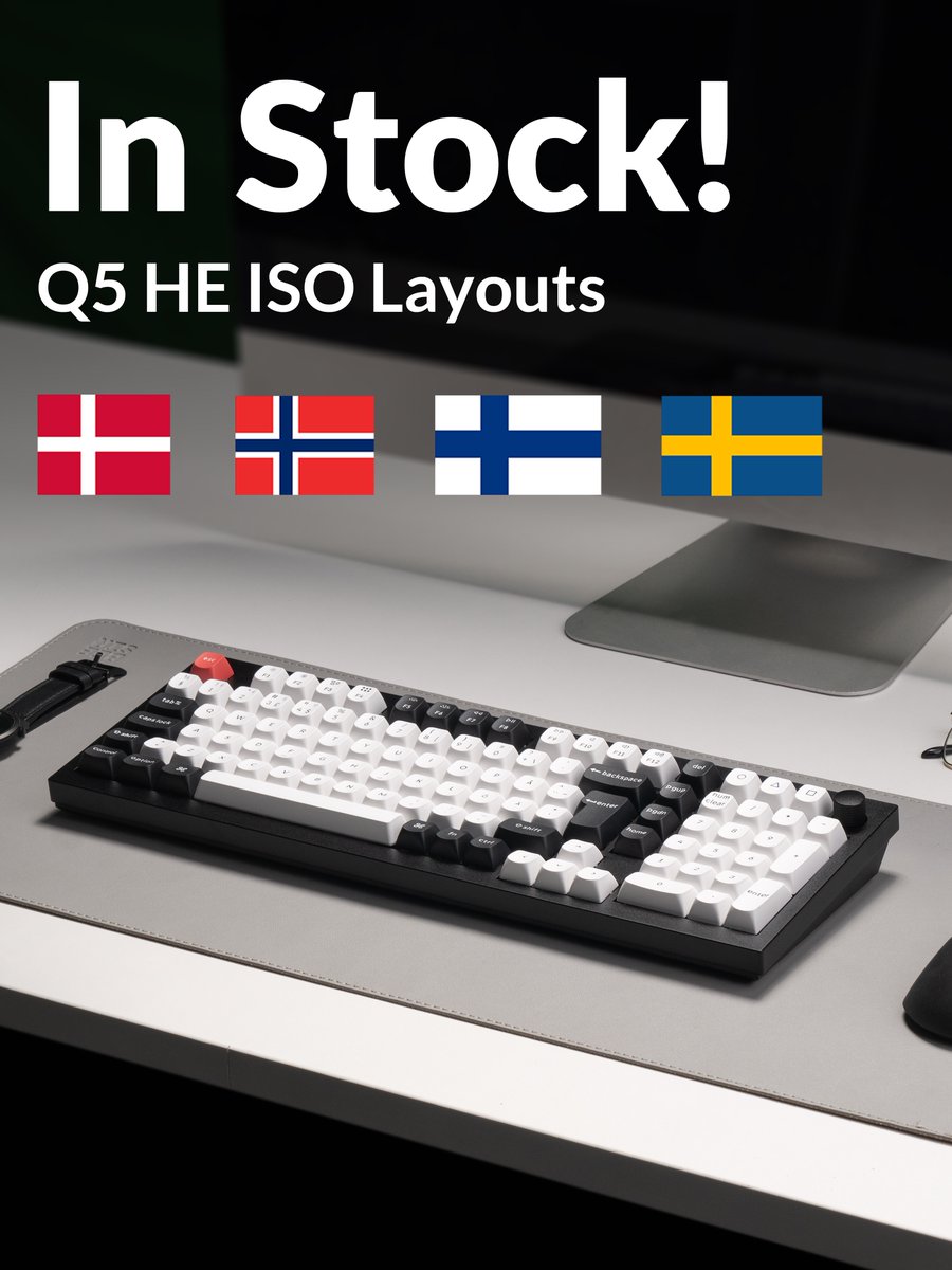 🎉 New Arrival: The #Keychron Q5 HE ISO keyboards (ISO-Nordic layouts) are available. Featuring Gateron double-rail magnetic switches, Bluetooth and 2.4G wireless connectivity, QMK firmware, full-metal body, and more!
Grab yours now! 👉 bit.ly/4mXYuxd
