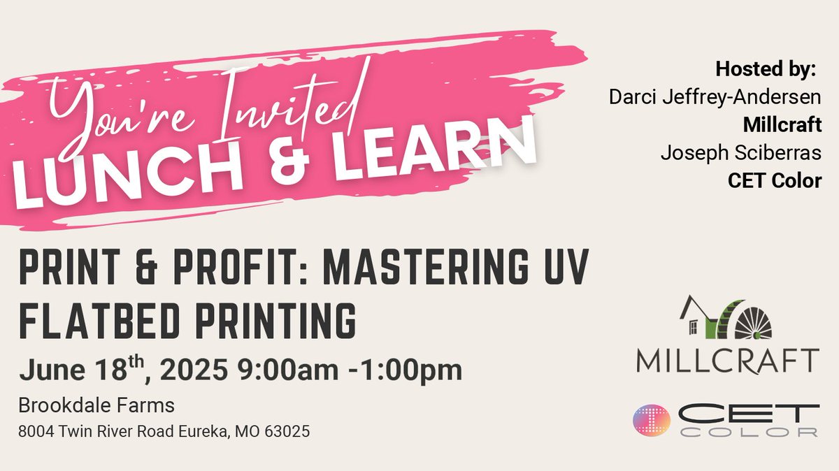MillcraftPaper's tweet image. 🚨🚨 REMINDER: Join us June 18 for Lunch &amp;amp; Learn: Mastering UV Flatbed Printing!
📍 Eureka, MO | 🕘 9AM–1PM
✅ Free lunch
✅ UV tech demos
✅ Substrate insights
✅ Expert Q&amp;amp;A
✅ Industry networking
🎟️ RSVP now: hubs.ly/Q03rsmft0
#PrintEvent #UVPrinting #MillcraftEvents