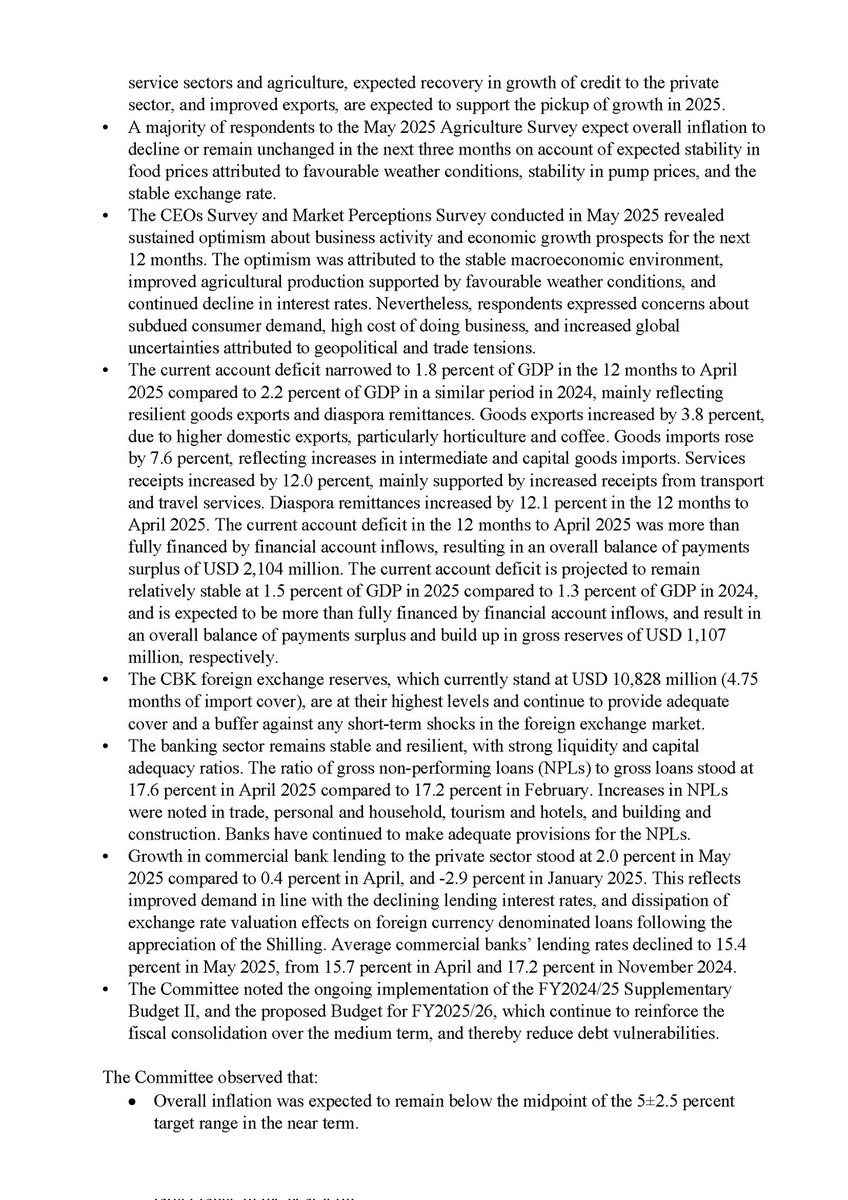 NSE_Investors's tweet photo. CBK releases MPC update:
🇰🇪 Inflation down to 3.8% in May
📉 2025 GDP forecast cut to 5.2%
🌍 Global growth slowing to 2.8% amid trade tensions.
#CBK #KenyaEconomy #MPCUpdate https://t.co/4eu3I286Et