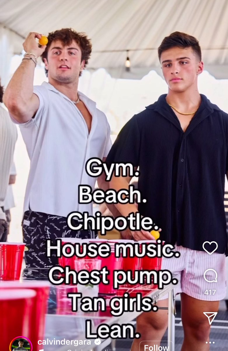 sn0oozey's tweet image. Gym.
Beach.
Chipotle.
House music.
Chest pump.
Tan girls.
Lean.