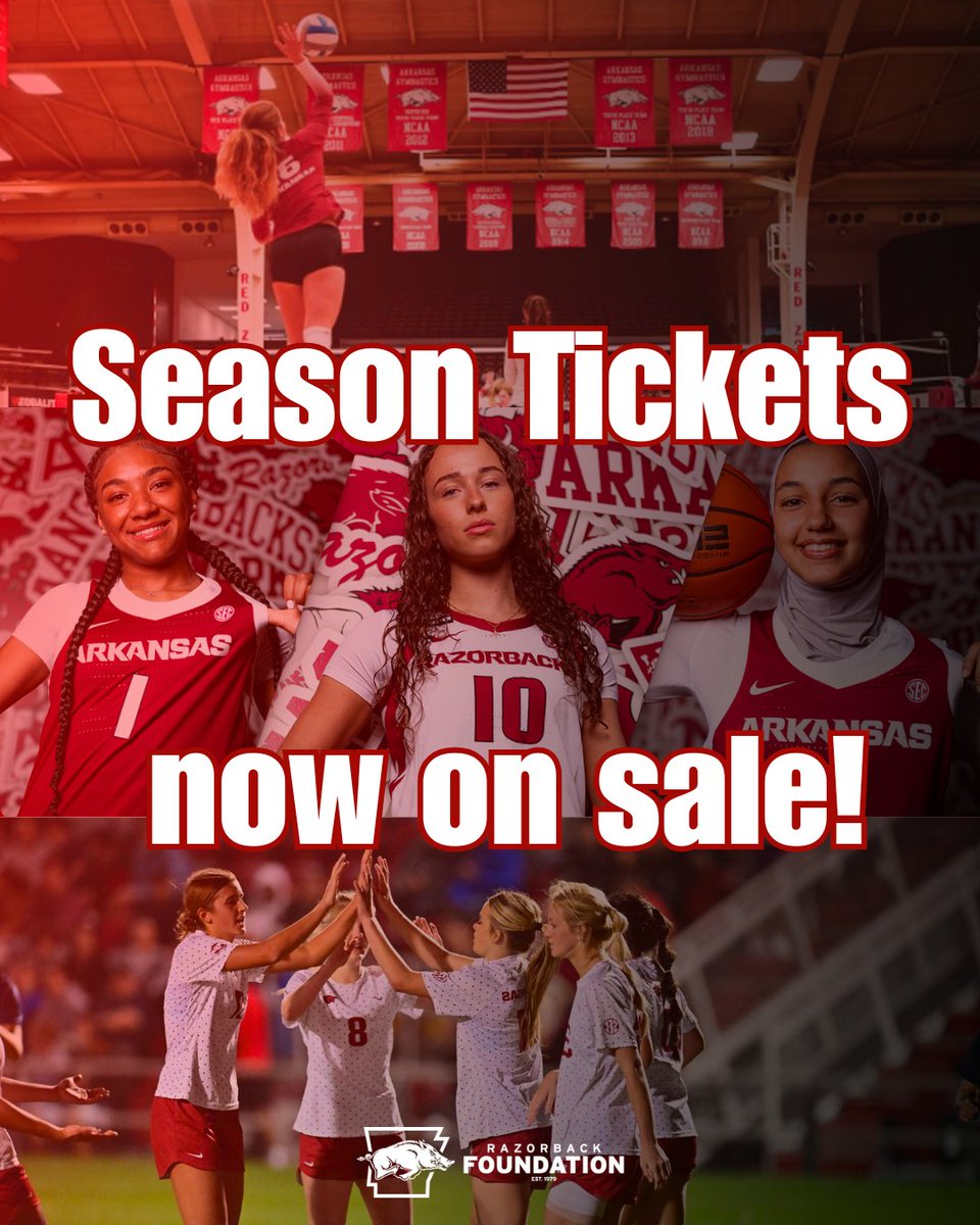 RazorFoundation's tweet image. Get your 2025-26 season tickets now for @RazorbackWBB , @RazorbackVB and @RazorbackSoccer. Go to ArkansasRazorbacks.com to secure your seats for all three sports! #ONERazorback #WPS