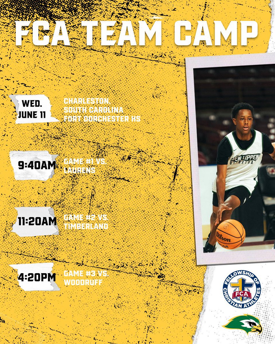 FCA Team Camp 
Wednesday June 11th
Charleston, South Carolina 

#WINtheSummer 
🏀🟡🟢⚪️⚫️🏀