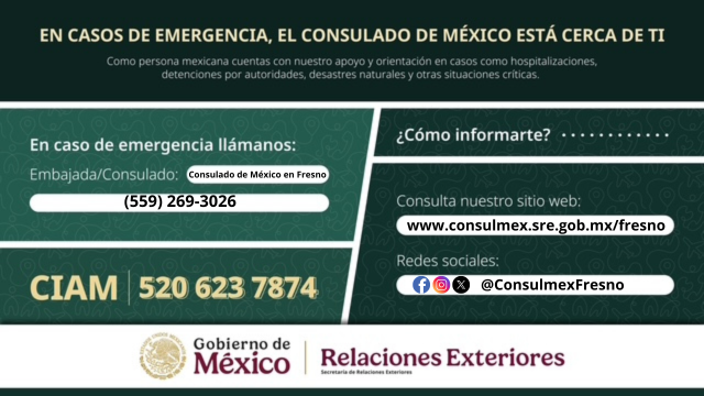 ConsulMexFresno's tweet image. 🚨En casos de emergencia por detención migratoria, comunícate con el departamento de #ProtecciónConsular de este #ConsuladoZonaSegura o al #CIAM.Guarda los teléfonos y compártelos con más miembros de nuestra comunidad para estar informados¡#TuConsulado está cerca de ti!
@SRE_mx