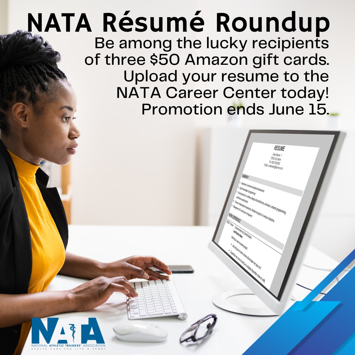 Need some extra cash in your pocket? Upload your résumé to NATA Career Center and be among the lucky recipients of a $50 Amazon gift card. bit.ly/4jITMAi